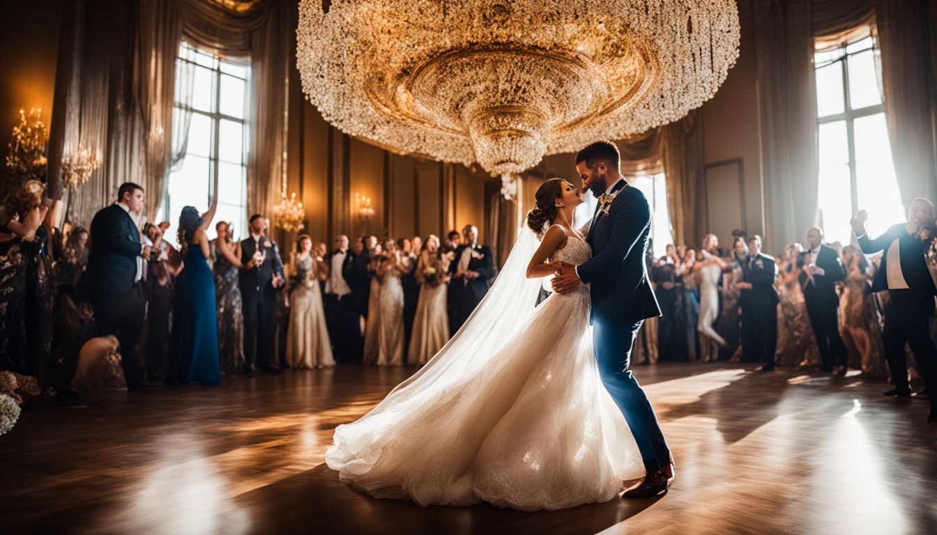 A couple dancing under a stunning chandelier in a ballroom. A couple dancing under a stunning chandelier in a ballroom.