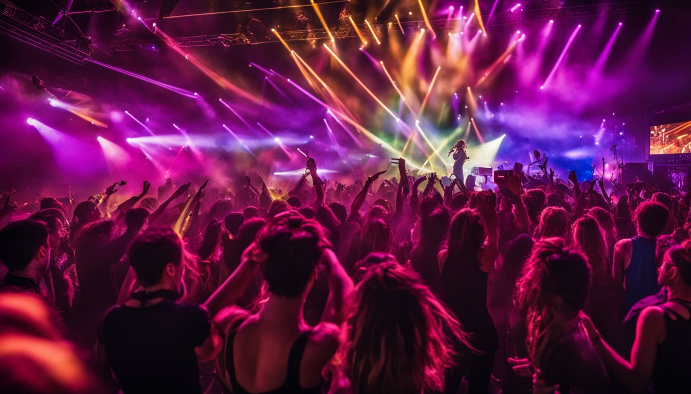Fans dancing at an outdoor live music venue under vibrant stage lights.