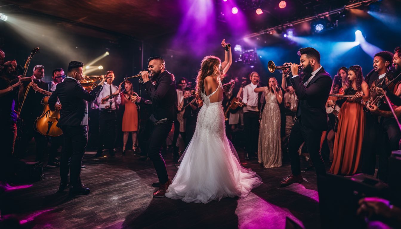 A live wedding band performing at a lively reception in Austin