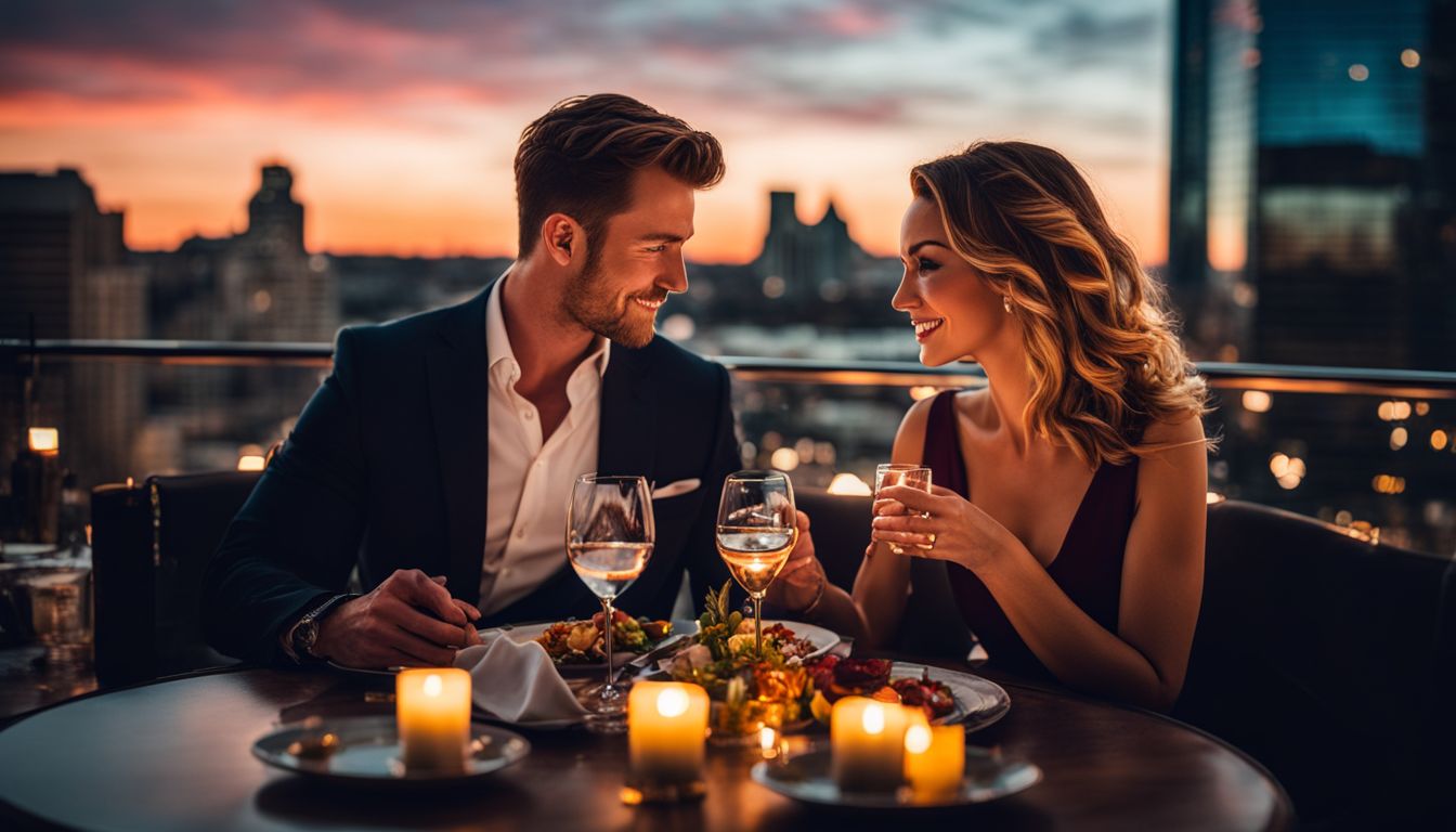 A stylish couple enjoys a candlelit dinner with a stunning cityscape backdrop. A stylish couple enjoys a candlelit dinner with a stunning cityscape backdrop.