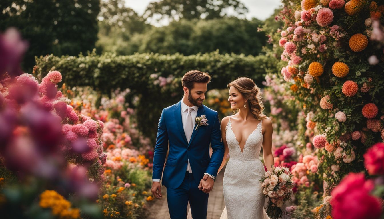 A bride and groom walking through a vibrant floral garden. A bride and groom walking through a vibrant floral garden.