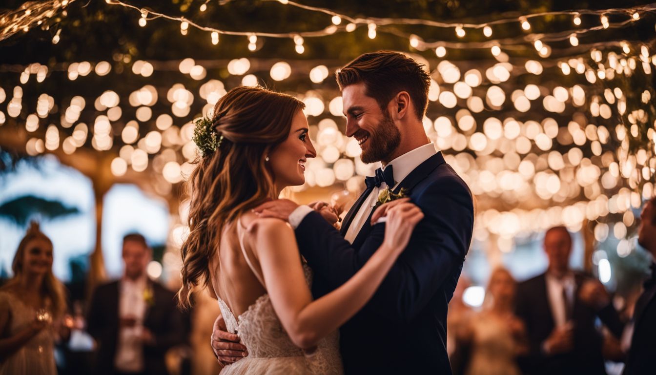 A couple dancing under fairy lights at a destination wedding. A couple dancing under fairy lights at a destination wedding.