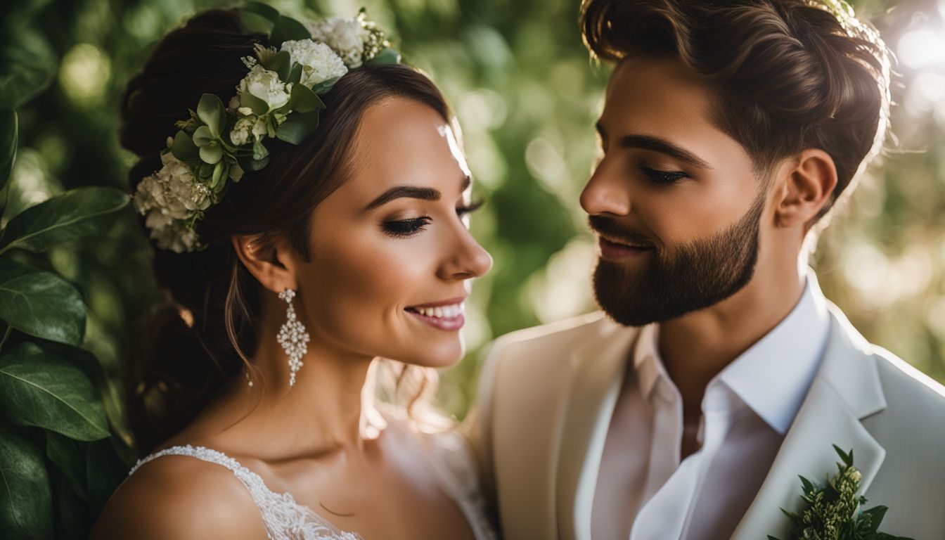 A bride and groom surrounded by greenery at a wedding venue. A bride and groom surrounded by greenery at a wedding venue.