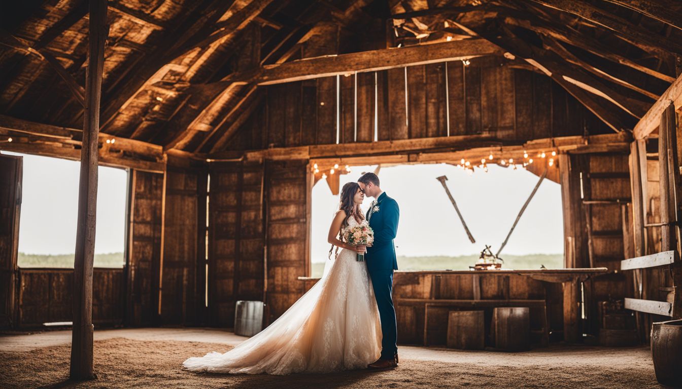 A bride and groom posing in a rustic Texas barn for wedding photos. A bride and groom posing in a rustic Texas barn for wedding photos.
