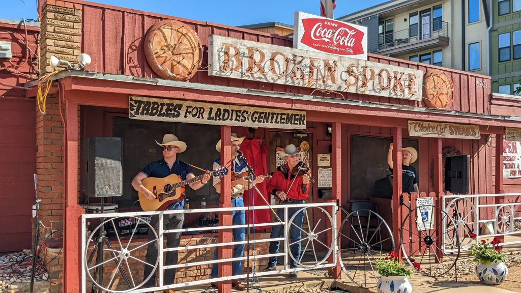 A performance on the porch of the Broken Spoke in Austin