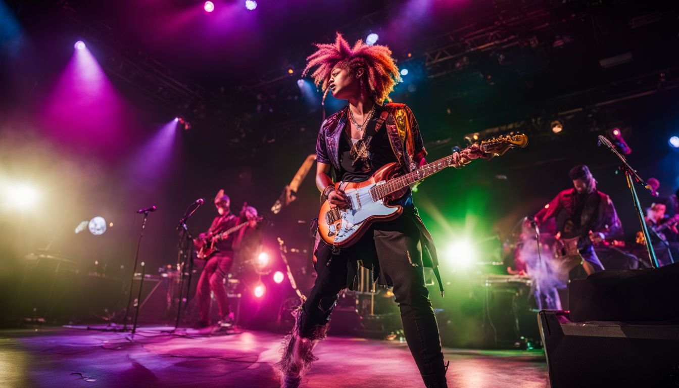 A passionate musician performing on stage at The Mohawk in vibrant cityscape. A passionate musician performing on stage at The Mohawk in vibrant cityscape.