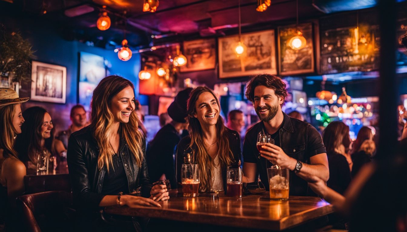 A diverse group of friends enjoying live music at a vibrant bar.