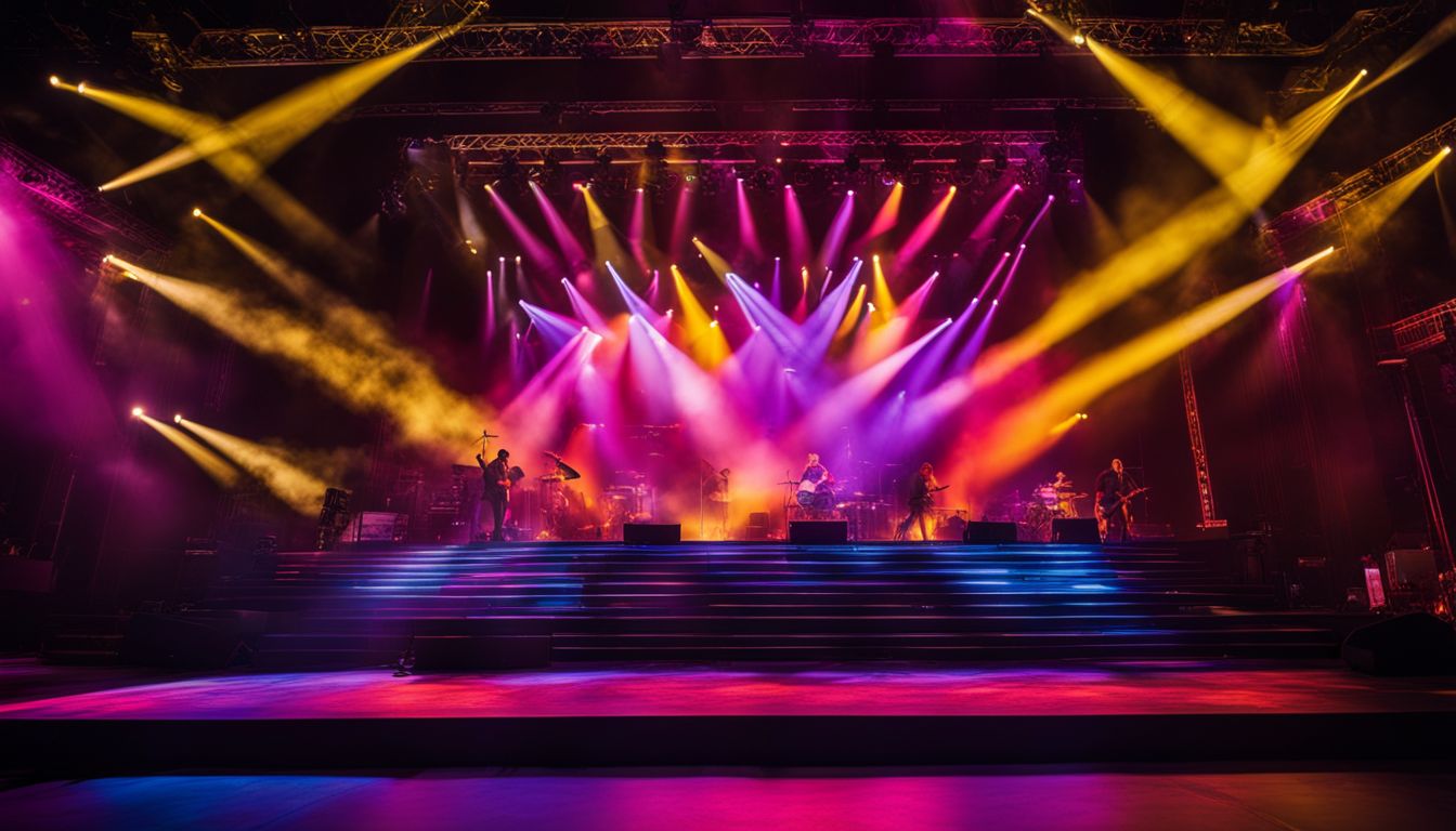 A diverse group of people in various outfits on a well-lit stage. A diverse group of people in various outfits on a well-lit stage.