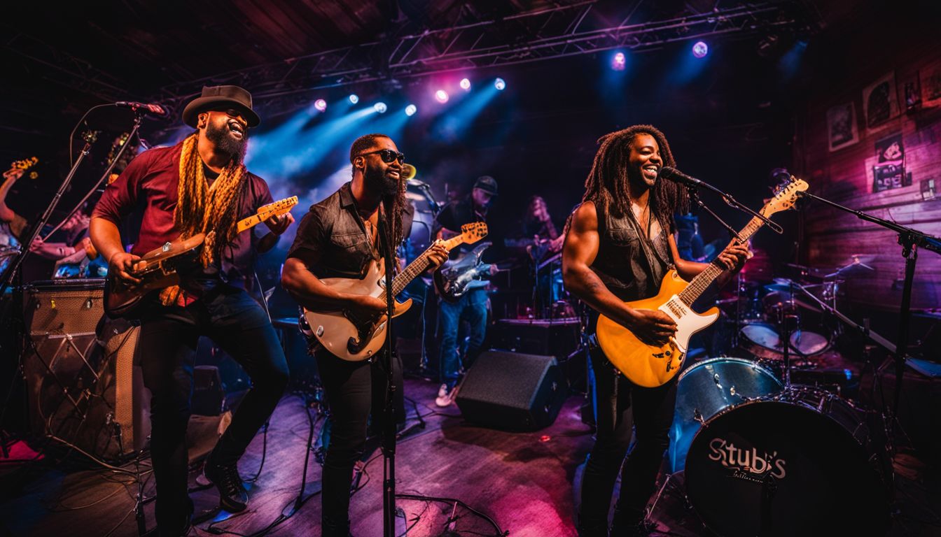 A live band performing at Stubb's Bar-B-Q captures the vibrant musical atmosphere. A live band performing at Stubb's Bar-B-Q captures the vibrant musical atmosphere.