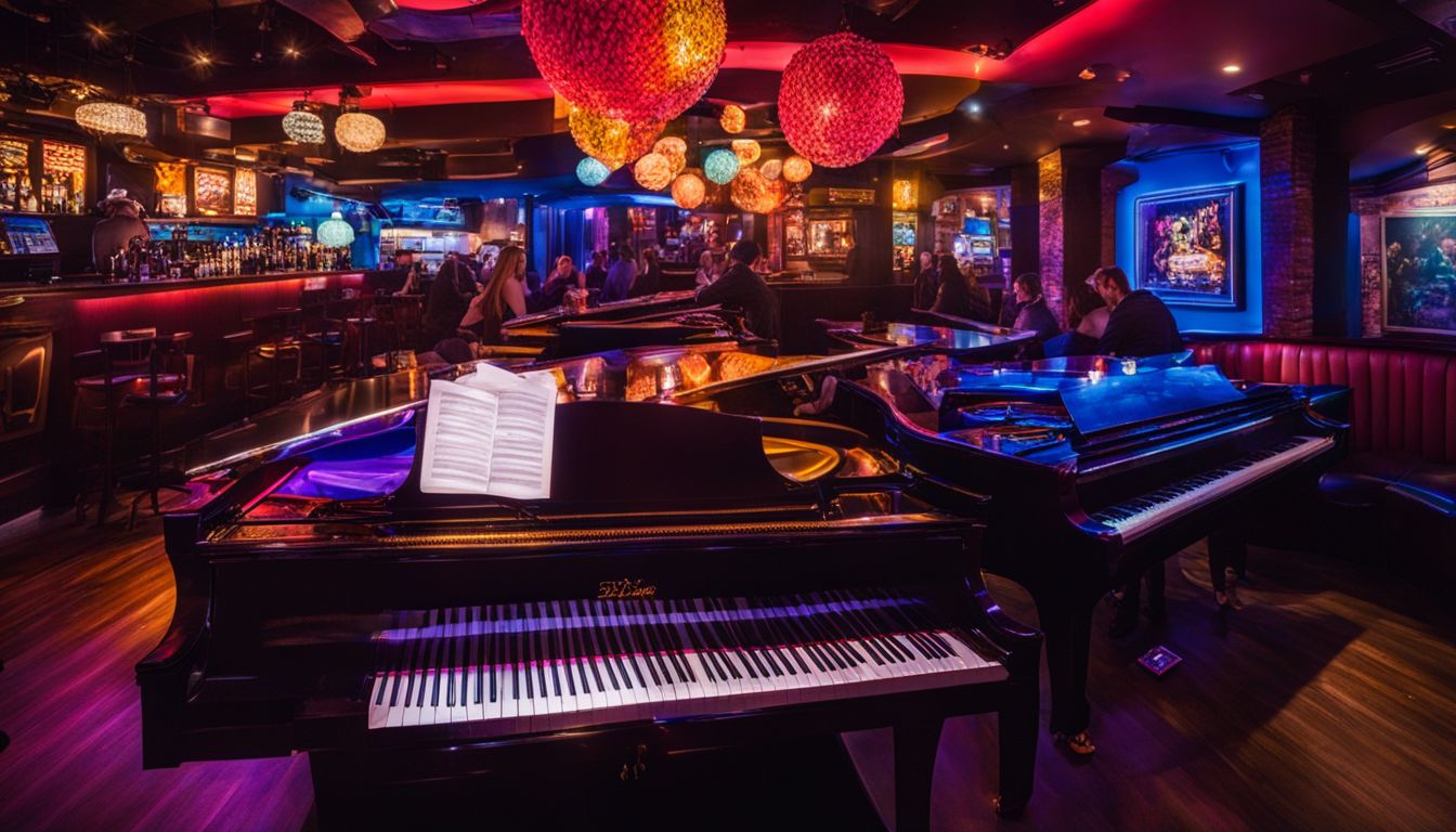 A vibrant and bustling piano bar filled with diverse patrons.