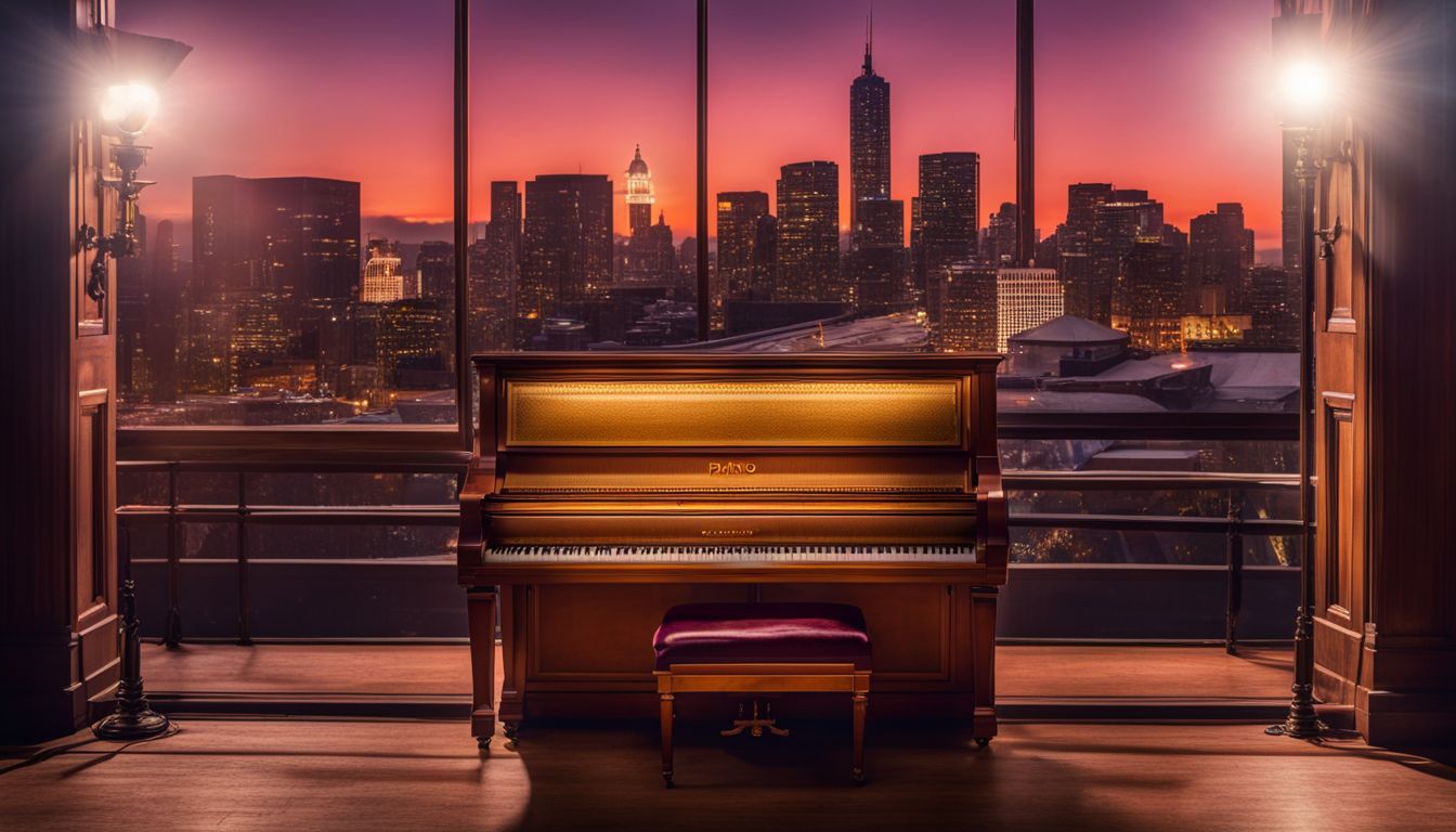 A vintage piano on a stage with a bustling cityscape backdrop.