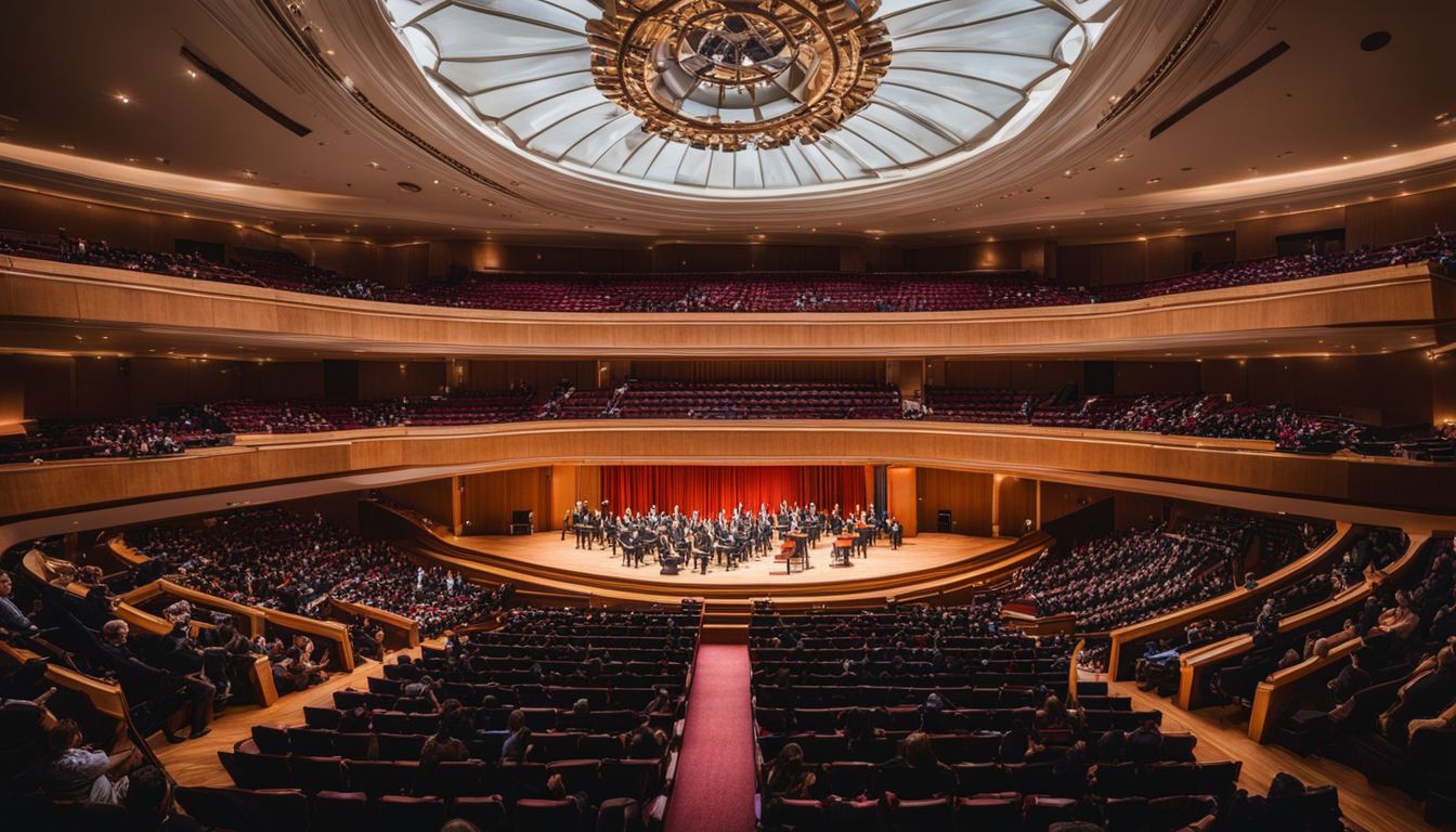 A crowded and vibrant interior of Bass Concert Hall with diverse audience.