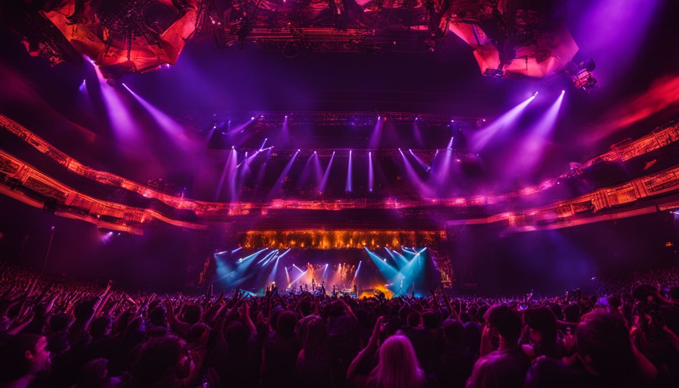 A packed music venue with energetic crowd and vibrant stage lights.