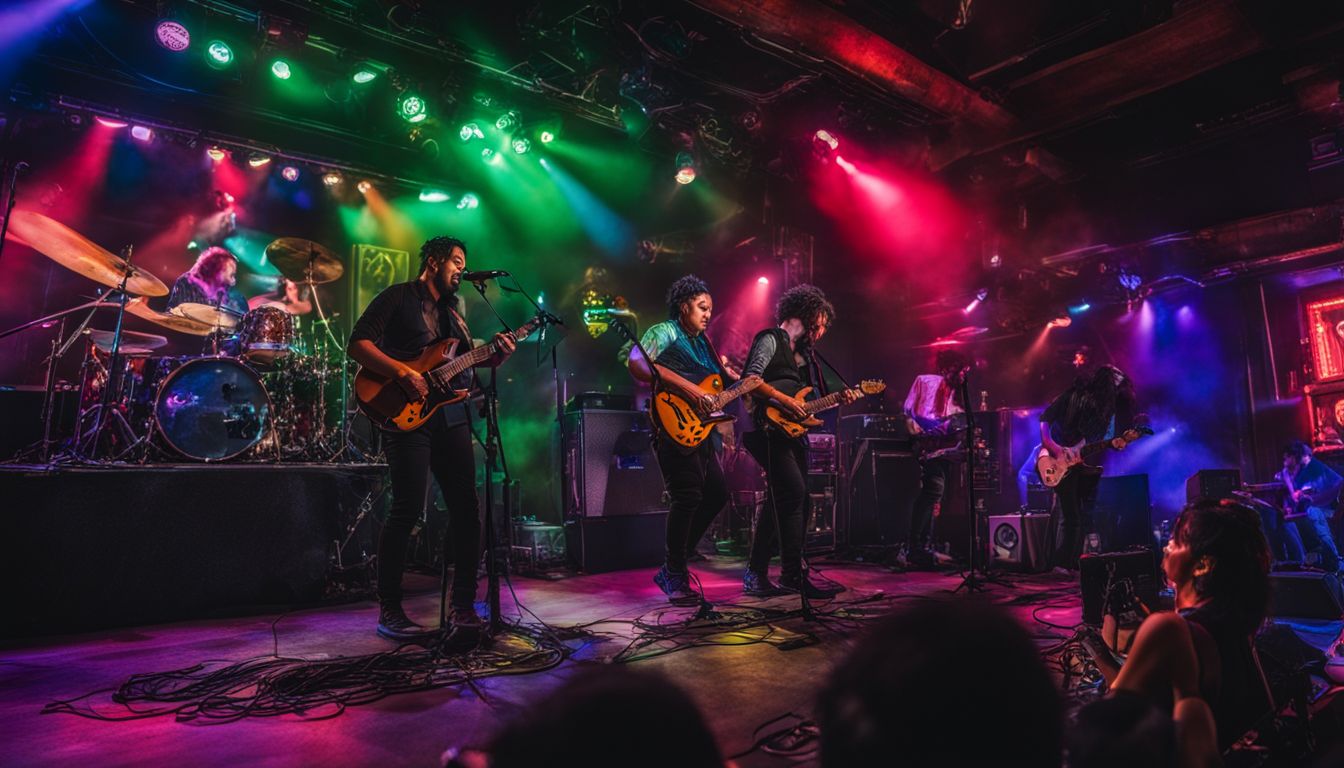 A live band performing on stage at a bustling bar with vibrant cityscape. A live band performing on stage at a bustling bar with vibrant cityscape.