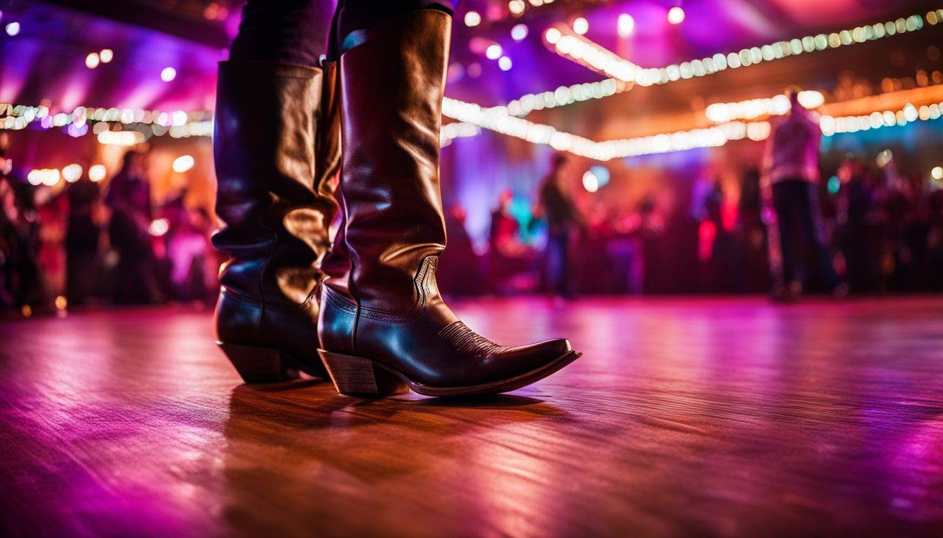 A pair of cowboy boots on a vibrant dance floor with a bustling atmosphere.