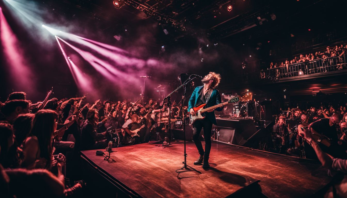 A musician performing on a packed stage in a vibrant music venue. A musician performing on a packed stage in a vibrant music venue.