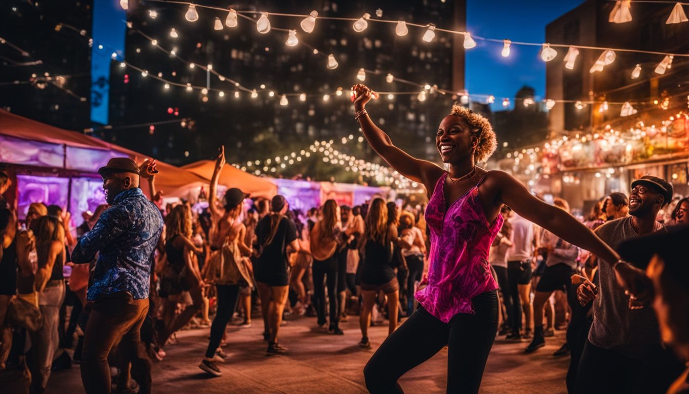 People dancing in a vibrant outdoor music venue with bustling atmosphere. People dancing in a vibrant outdoor music venue with bustling atmosphere.