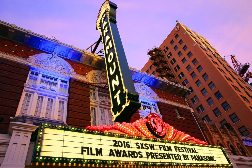 The front sign and marquee of the Paramount Theater in Austin